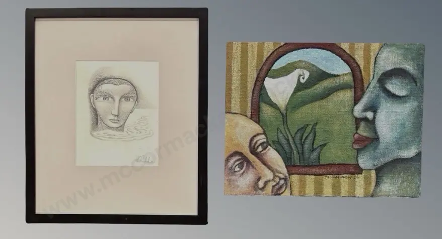 Ruifrok Helm - Portrait Study, graphite on pape, 220x170mm, Jacinda Jones - Faces Overlapping Flowers, acrylic on canvas Image 1++