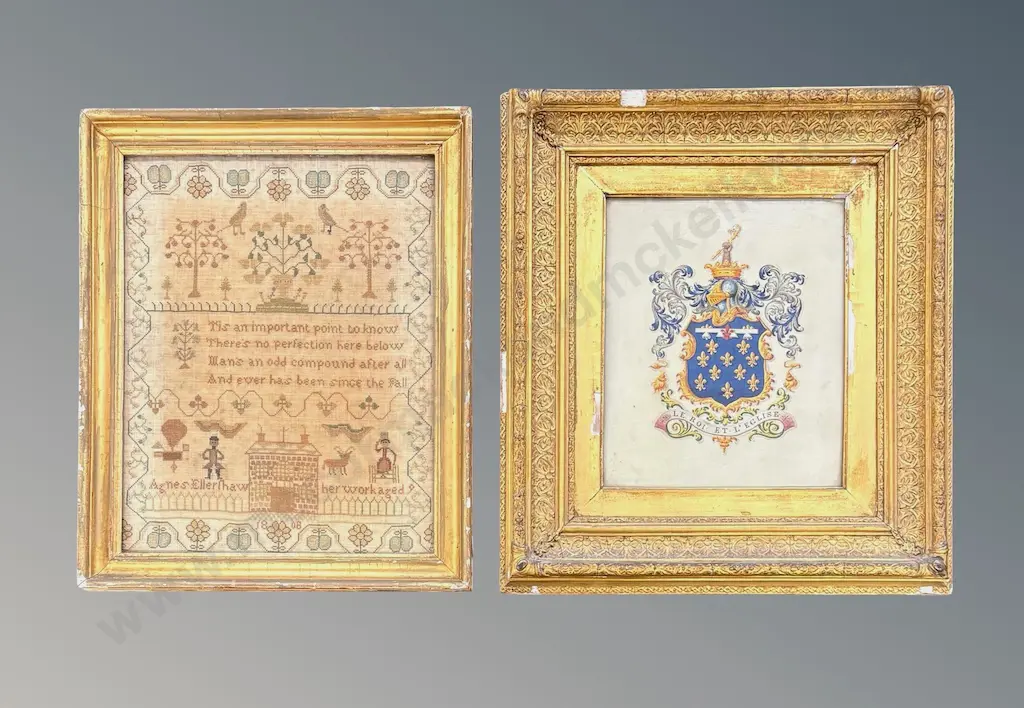 Le Roi et L'eglise coat of arms mixed media 290x240mm and early framed embroidery 410x320mm Image 1++