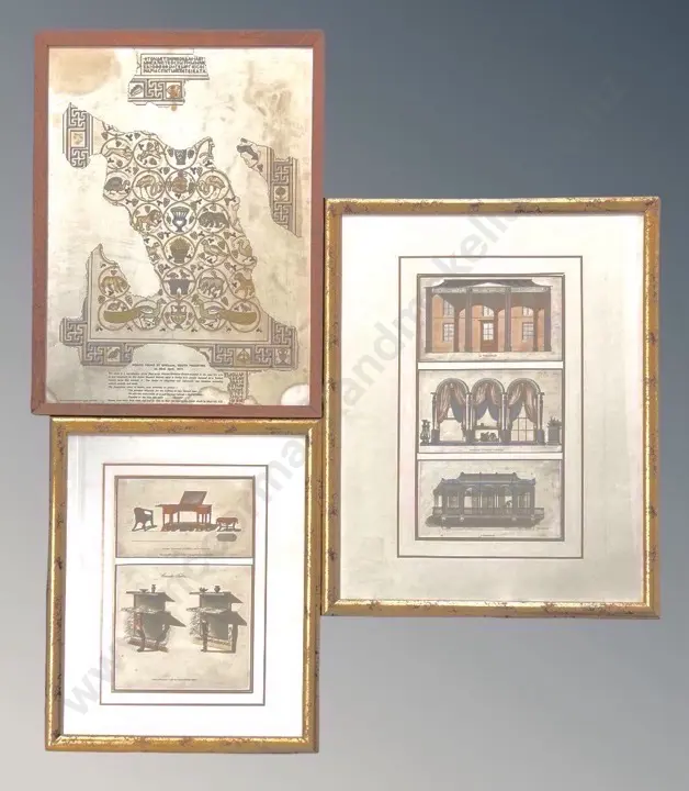 Two Hand Coloured Architectural Prints and a Reproduction of a Mosaic Floor in a Church, Palestine Image 1++