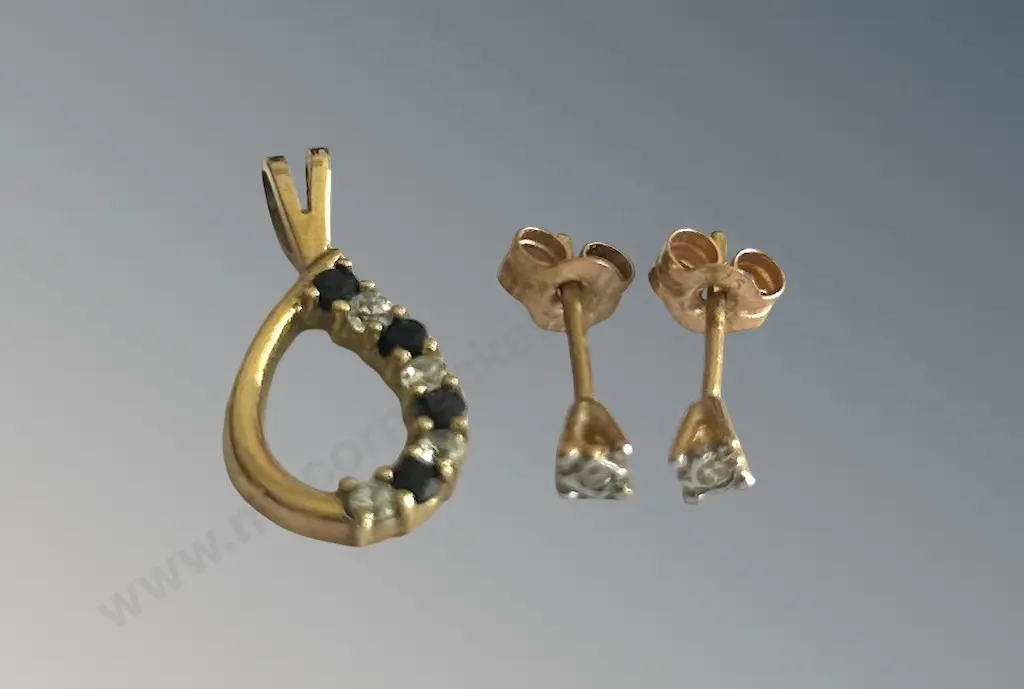 9ct Gold Sapphire and Diamond Pendant and 9ct Gold and Diamond Studs, TW1.5gms Image 1++