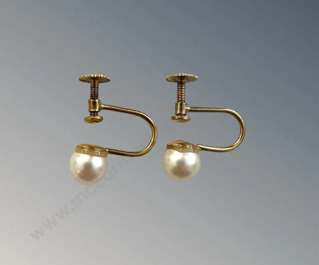 9ct Gold and Pearl Drop Earrings (screw back) Image 1++
