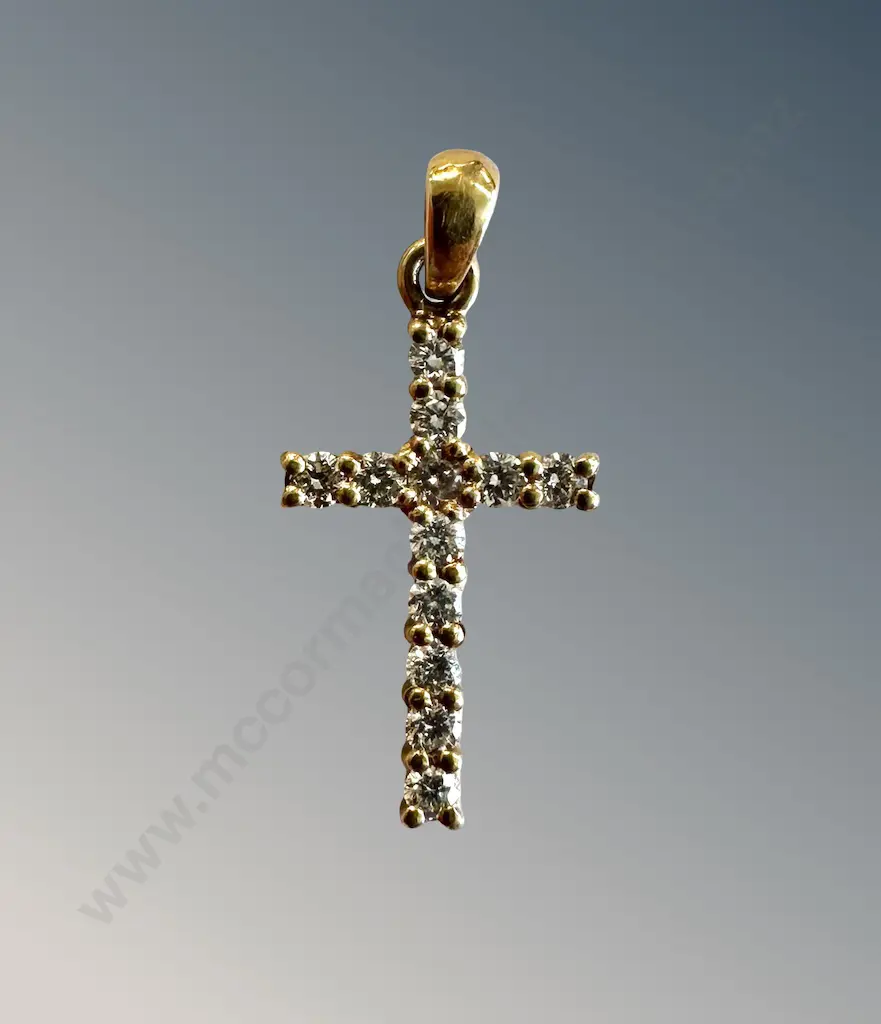 9ct Yellow Gold Diamond Set Cross Pendant, TW12gms Image 1++