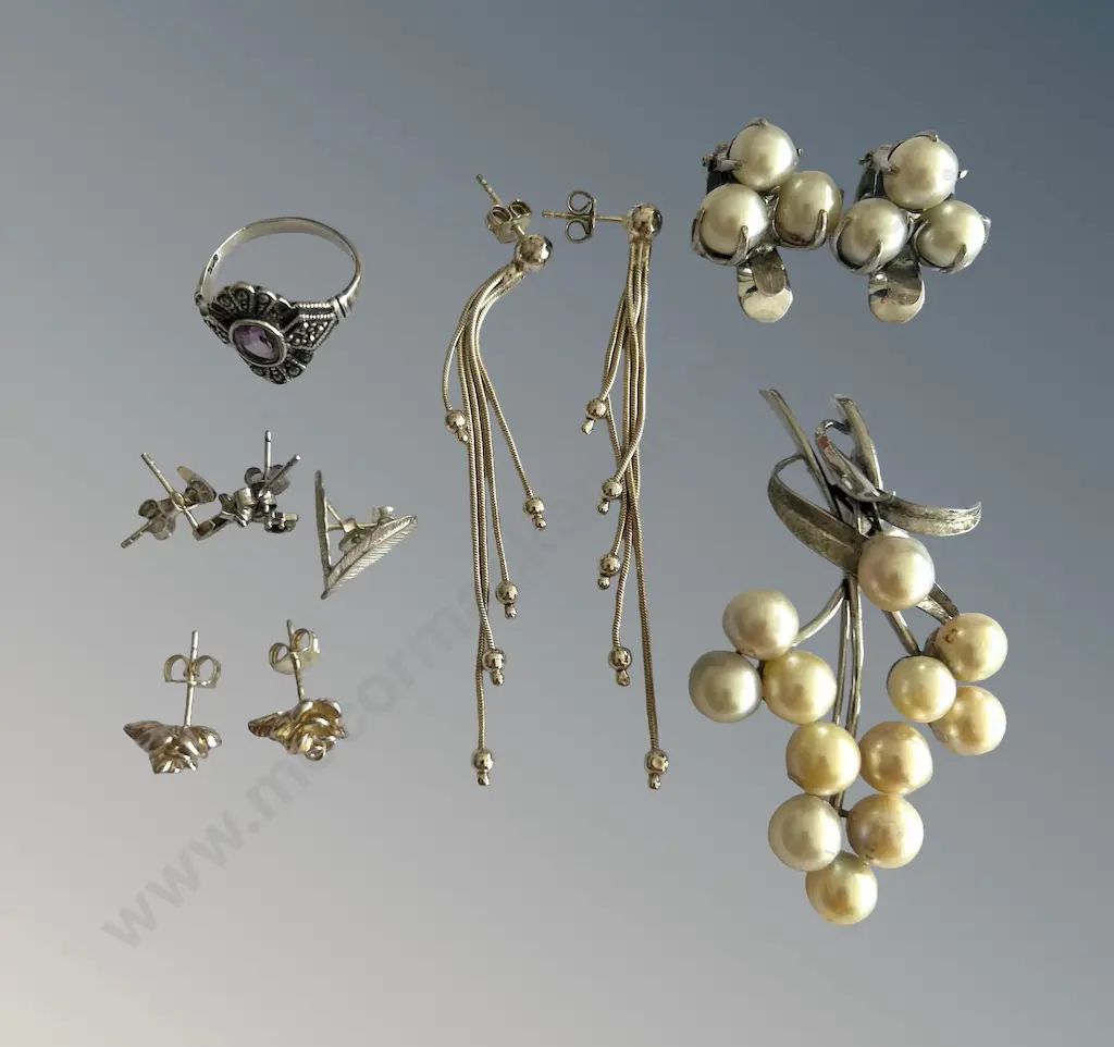 Asstd Bag of Silver Brooches, Earrings, Dress Ring and Cultured Pearl Brooch and Earrings Image 1++