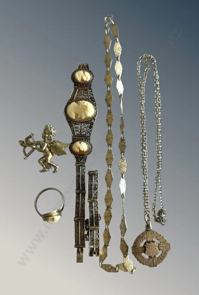 Assorted Silver Jewellery, Cameo Filigree Bracelet (AF) Cameo Ring, Cherub Brooch, Necklace and Medal on Chain Image 1++