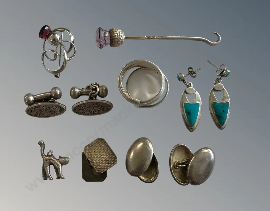 Sterling Silver Cufflinks, Ring, Brooch, Earrings, etc, TW31.7gms Image 1++