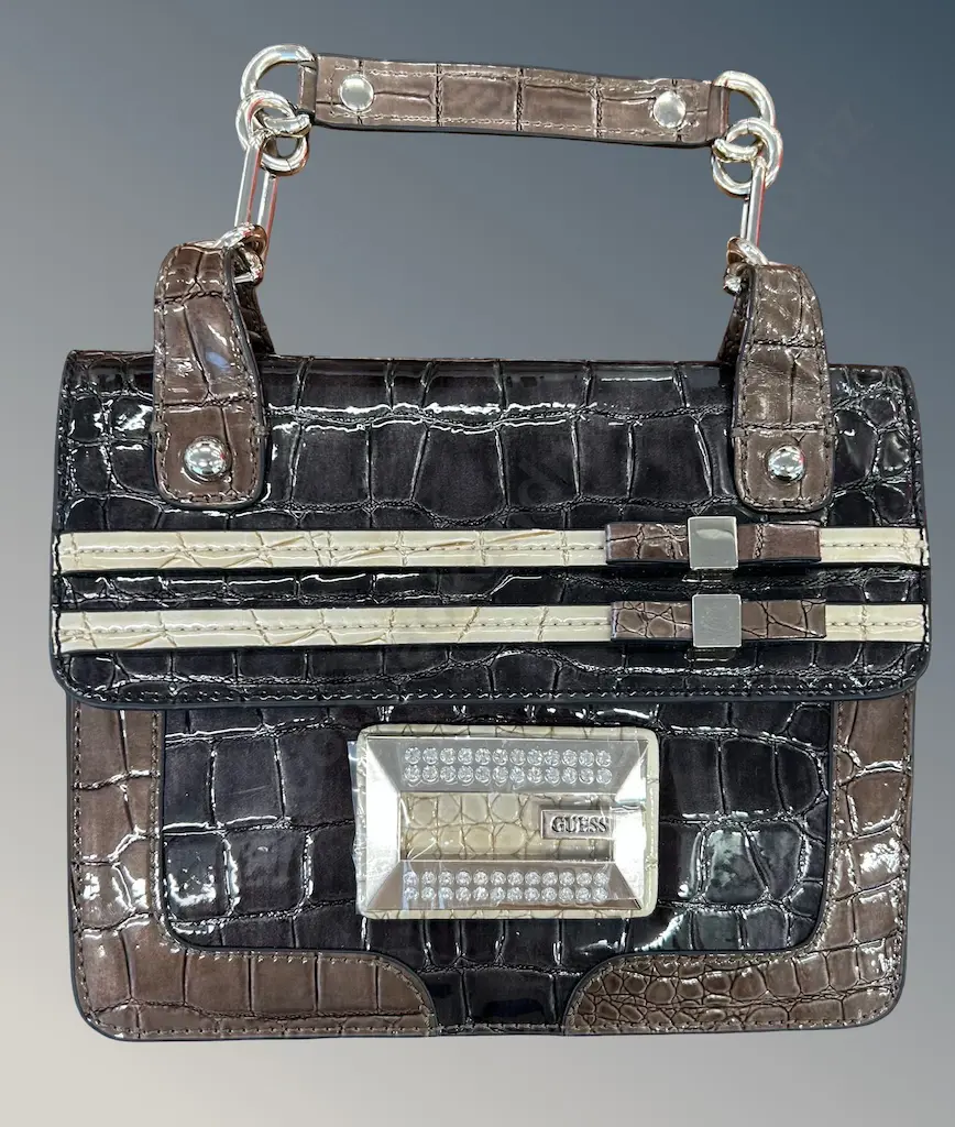 Guess Brown Crocodile embossed Patent Leather Handbag with Rhinestone Logo Plaque and dust bag Image 1++