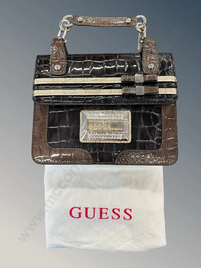 Guess Brown Crocodile embossed Patent Leather Handbag with Rhinestone Logo Plaque and dust bag Image 1++