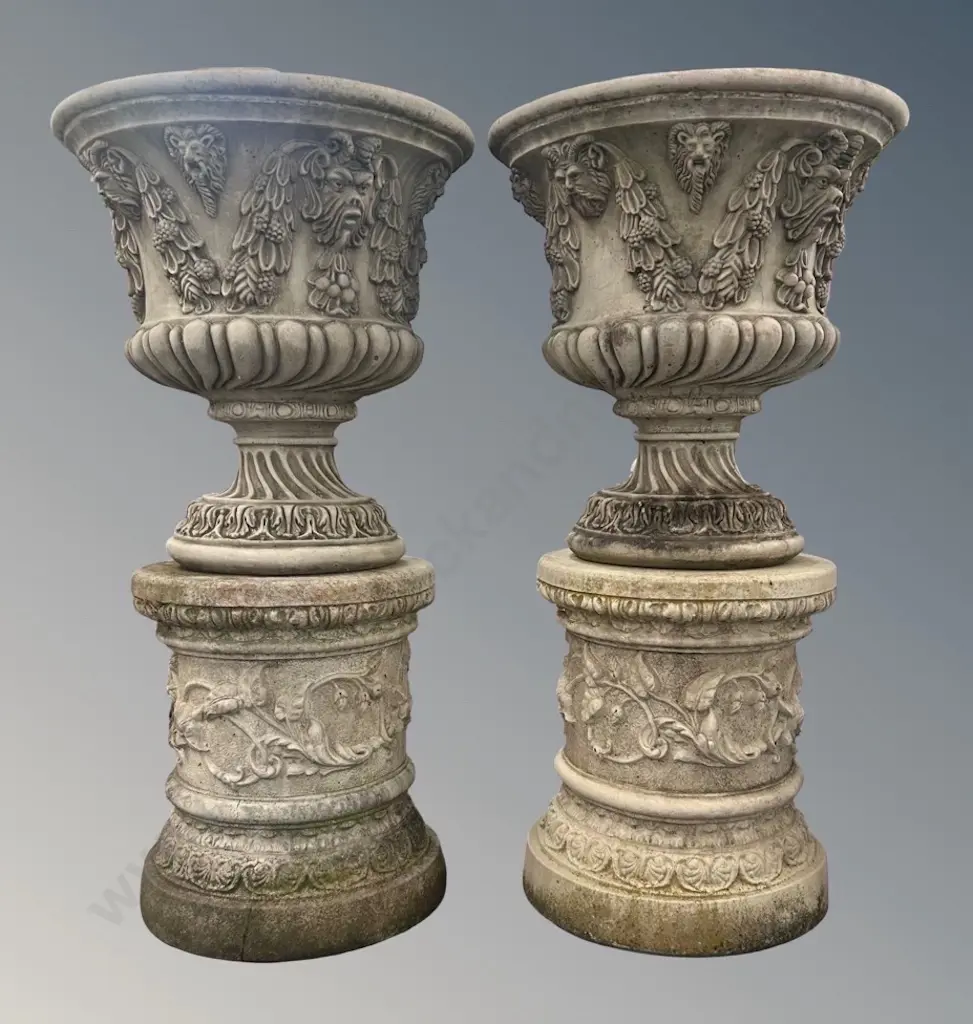Pair of Hampshire Garden Petersfield, UK, Stone Urns on Decorative Pedestal Plinths, Featuring Gargoyles and Fruit Motif Image 1++