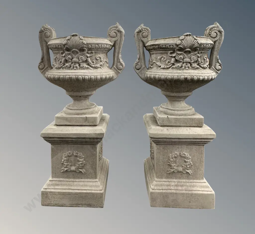 Pair of Hampshire Garden Petersfield, UK, Stone Urns on Decorative Pedestal Plinths, Featuring Shells and Floral Motifs Image 1++
