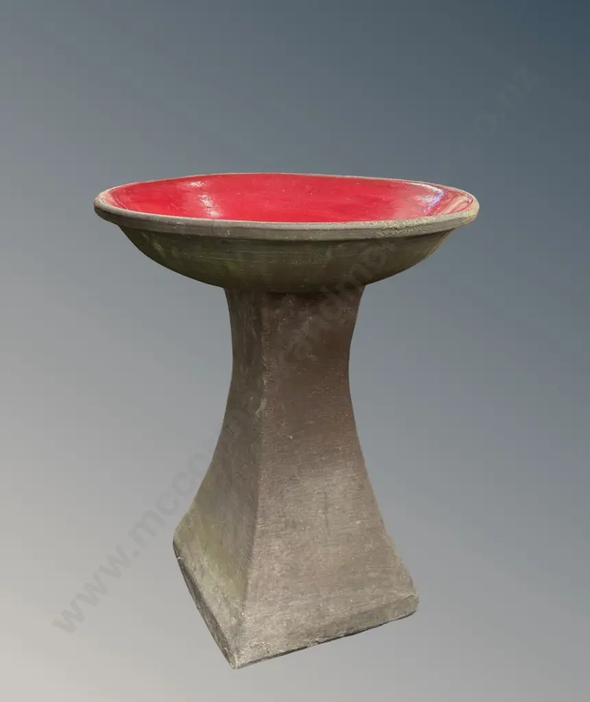 Concrete Pedestal Birdbath with Red Basin, H64xD53cm Image 1++