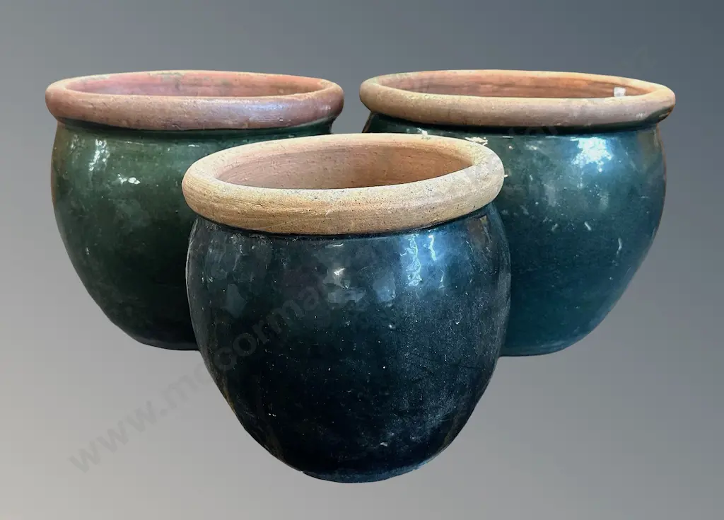 Three Green Glazed Terracotta Garden Pots Image 1++