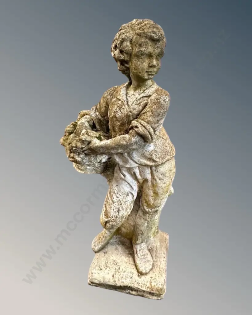 Concrete Boy with Basket Garden Ornament H76cm Image 1++