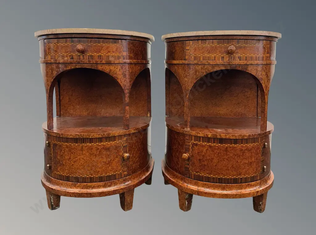 Pair of Burr Maple Half Round Bedside Tables with Marble Tops – Biedermeier revival, c.1920's L59xH83xD43cm Image 1++