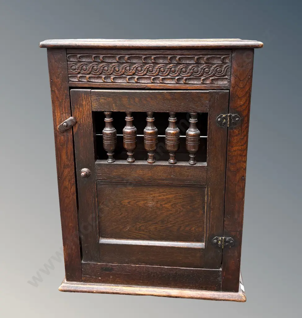 Oak Carved Single Door Wall Cupboard with Turned Finials L45xH59xD26cm Image 1++