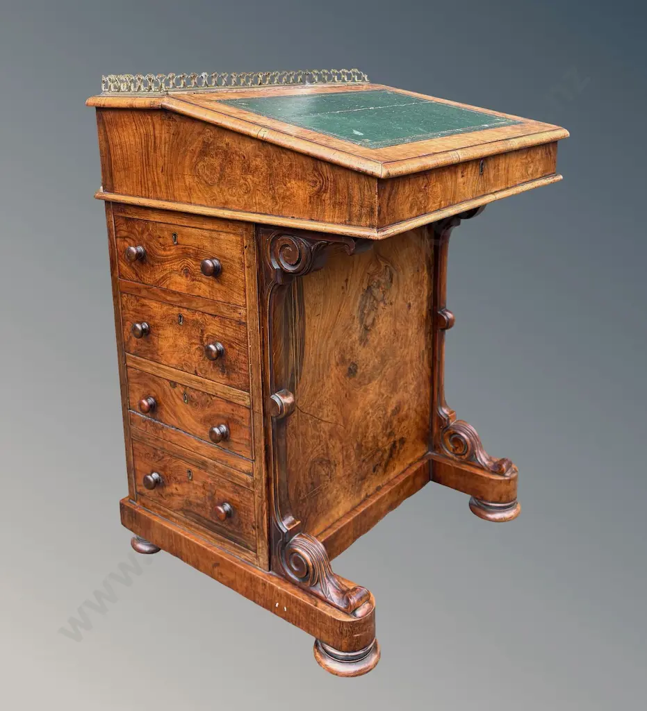 Walnut with Fruitwood Inlay Davenport, Four Drawers, Brass Fretwork and Fitted Interior L53xH83xD55cm Image 1++