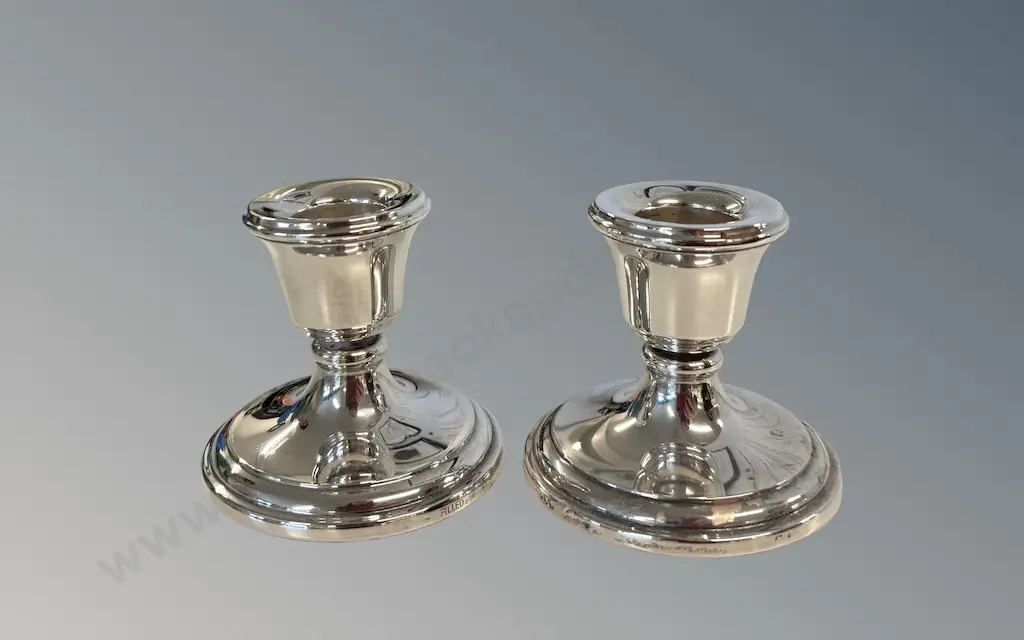 Pair of Sterling Silver Weighted Candlesticks, H6cm, TW159gms Image 1++