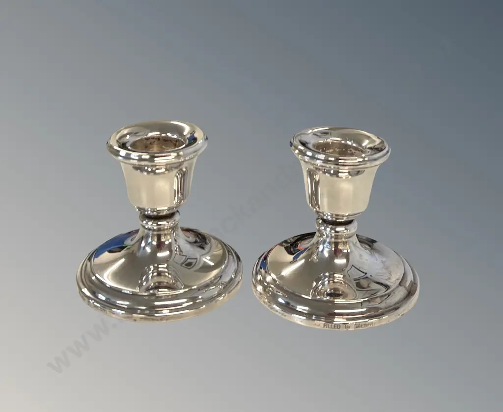 Pair of Sterling Silver Weighted Candlesticks, H6cm, TW156gms Image 1++