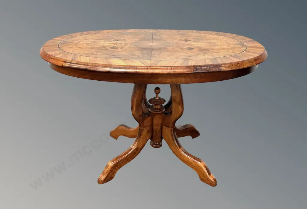 Small Walnut Inlay Oval Table on Pedestal Base, middle Biedermeier period (1860-1870) L95xH62xD60cm Image 1++