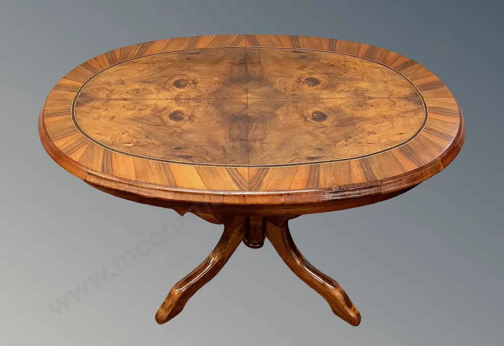 Small Walnut Inlay Oval Table on Pedestal Base, middle Biedermeier period (1860-1870) L95xH62xD60cm Image 1++