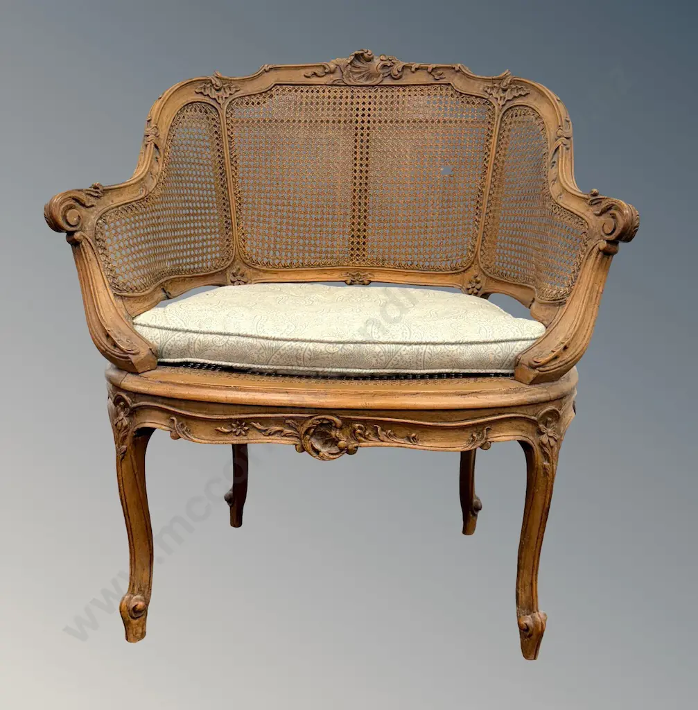 French Louis XV Style Bergere Armchair with Carved Arms and Cane Back and Seating Image 1++