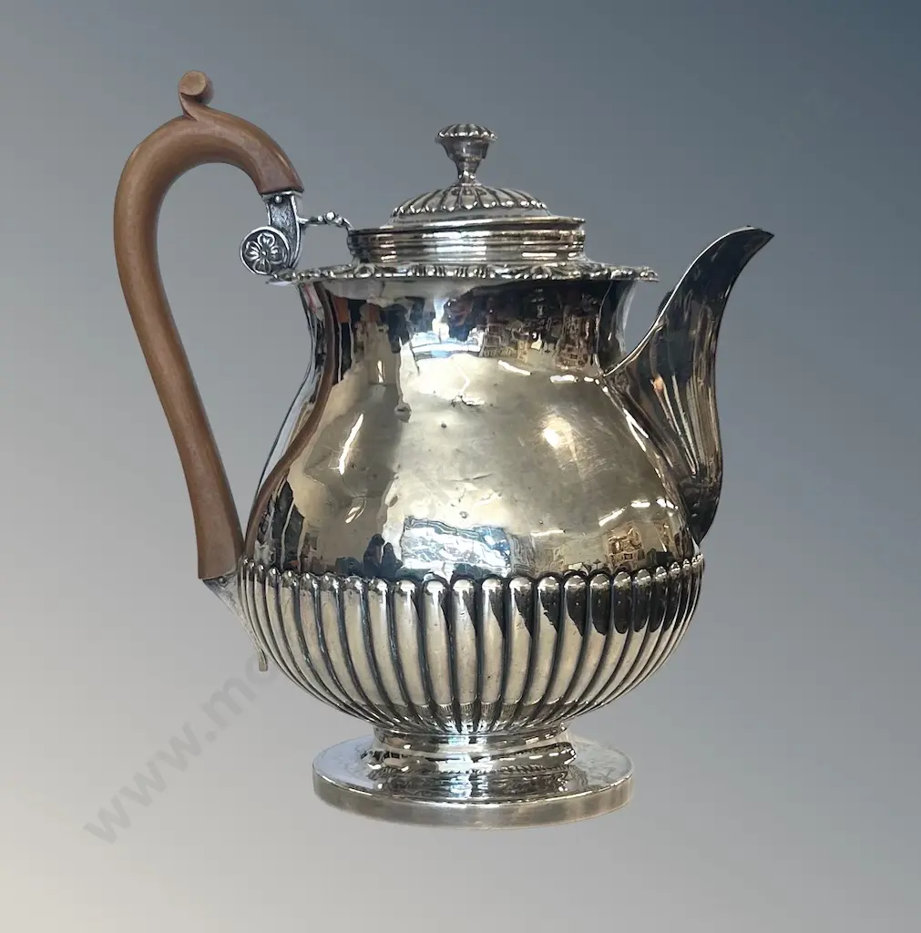 Sterling Silver Teapot, Half Reeded with Wooden Handle, TW767gms Image 1++
