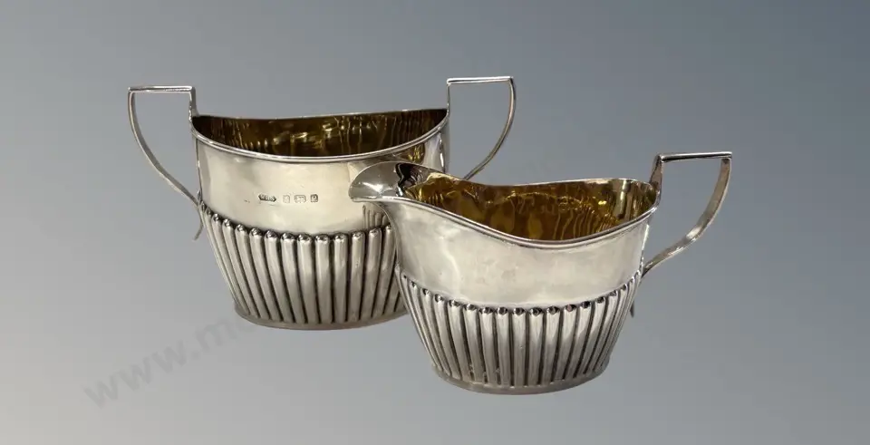 Sterling Silver Half Reeded Sugar Bowl and Creamer TW157gms Image 1++