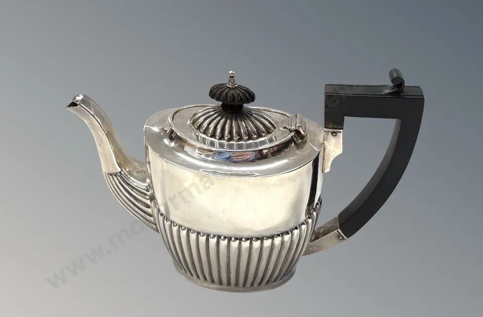 Sterling Silver Teapot, Half Reeded with Ebonised Wooden Handle and Knob TW268gms Image 1++