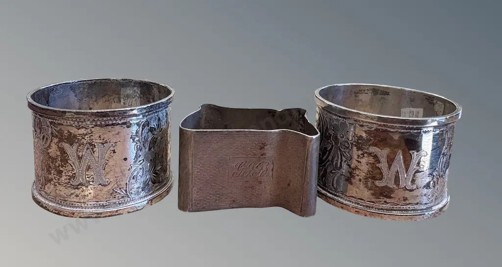 Three Sterling Silver Napkin Rings, TW64gms Image 1++