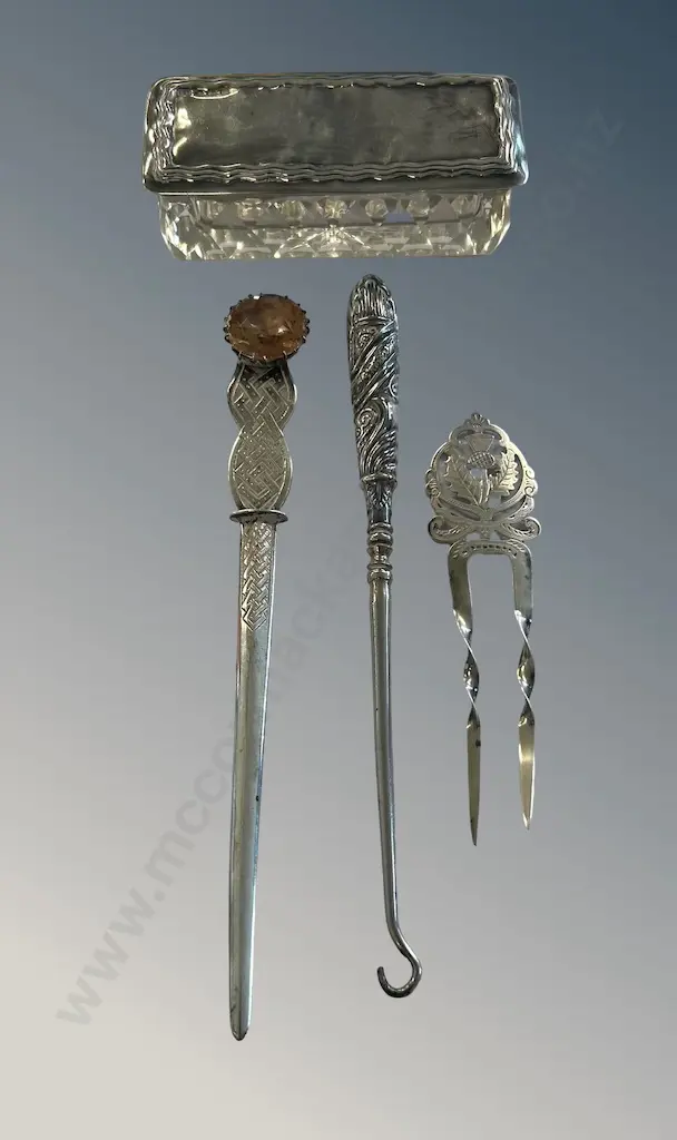 Sterling Silver Letter Opener, Scottish Hair Pin, Boot Hook (steel hook) and Lidded Hair Container, TW66gms Image 1++