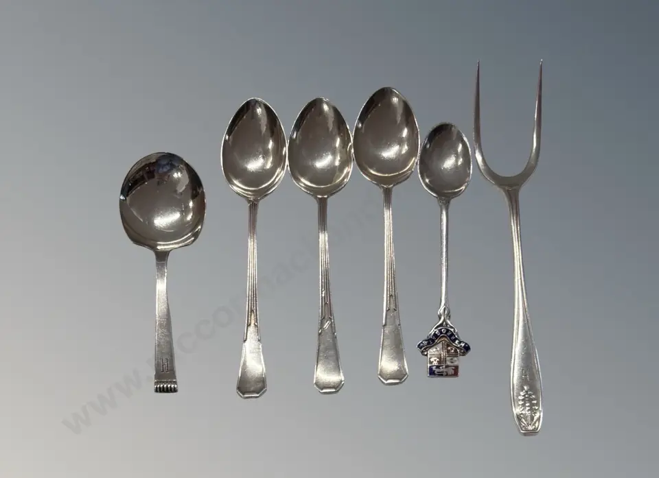 Sterling Silver Teaspoons, Jam Spoon and Enameled Harrogate Spoon, TW82gms Image 1++