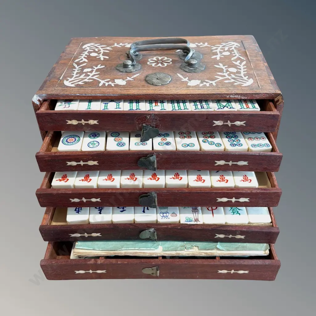 Oak Boxed Mahjong Set with Brass and Bone Inlay, AF Image 1++