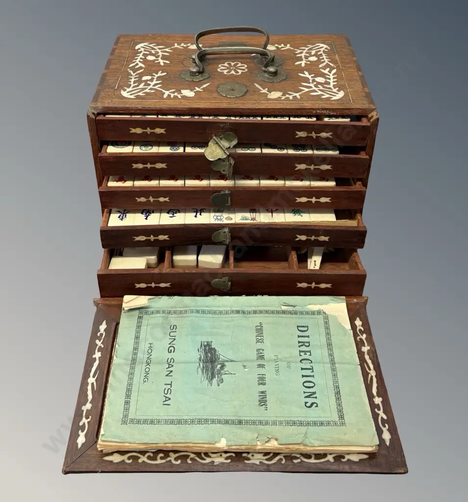 Oak Boxed Mahjong Set with Brass and Bone Inlay, AF Image 1++