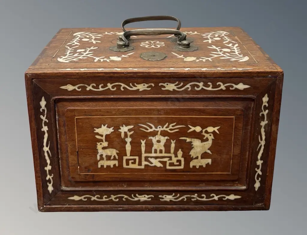 Oak Boxed Mahjong Set with Brass and Bone Inlay, AF Image 1++