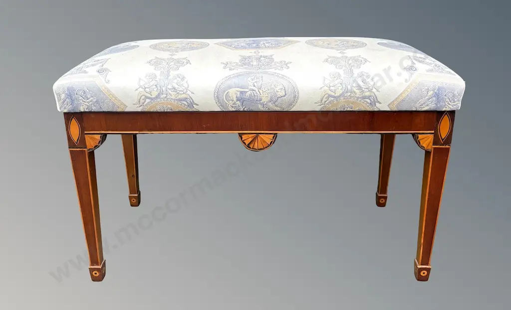 Mahogany with Fruitwood Fan Inlay Upholstered Stool L80xH46xD40cm Image 1++