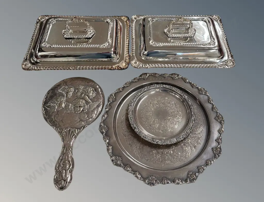 Silver Hand Mirror with Embossed Angels, Entree Dishes (2), Old Sheffield Tray with Grape Border & Smaller Tray Image 1++