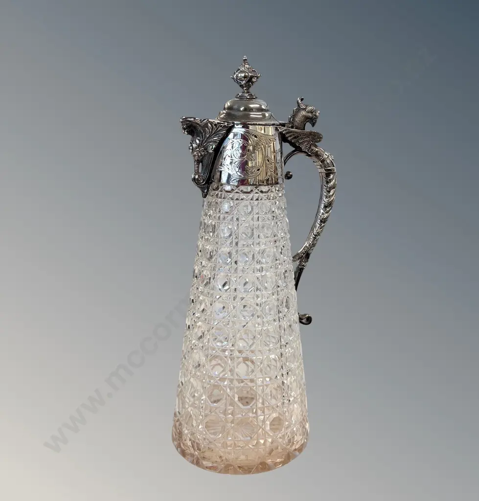 Silver Mounted Cut Crystal Claret Jug with a Figural Finial, H30cm Image 1++