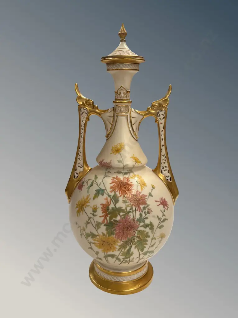 Royal Worcester Lidded Vase with Twin Reticulated Handles, Gilt and Floral on Cream Ground, shape 1071, H38cm Image 1++