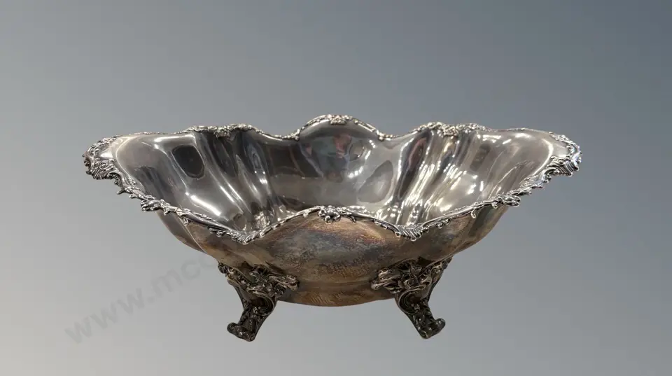 Large Sterling Silver Centrepiece Bowl with Floral and Scroll Embossed Border, H12xL33xD22cm, TW880gms Image 1++