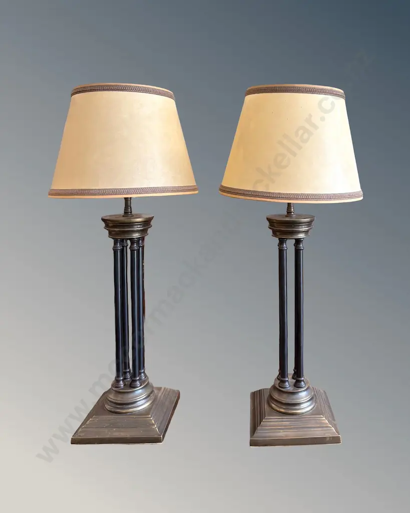 Pair of Brass and Ebony Four Columned Table Lamps H73cm Image 1++