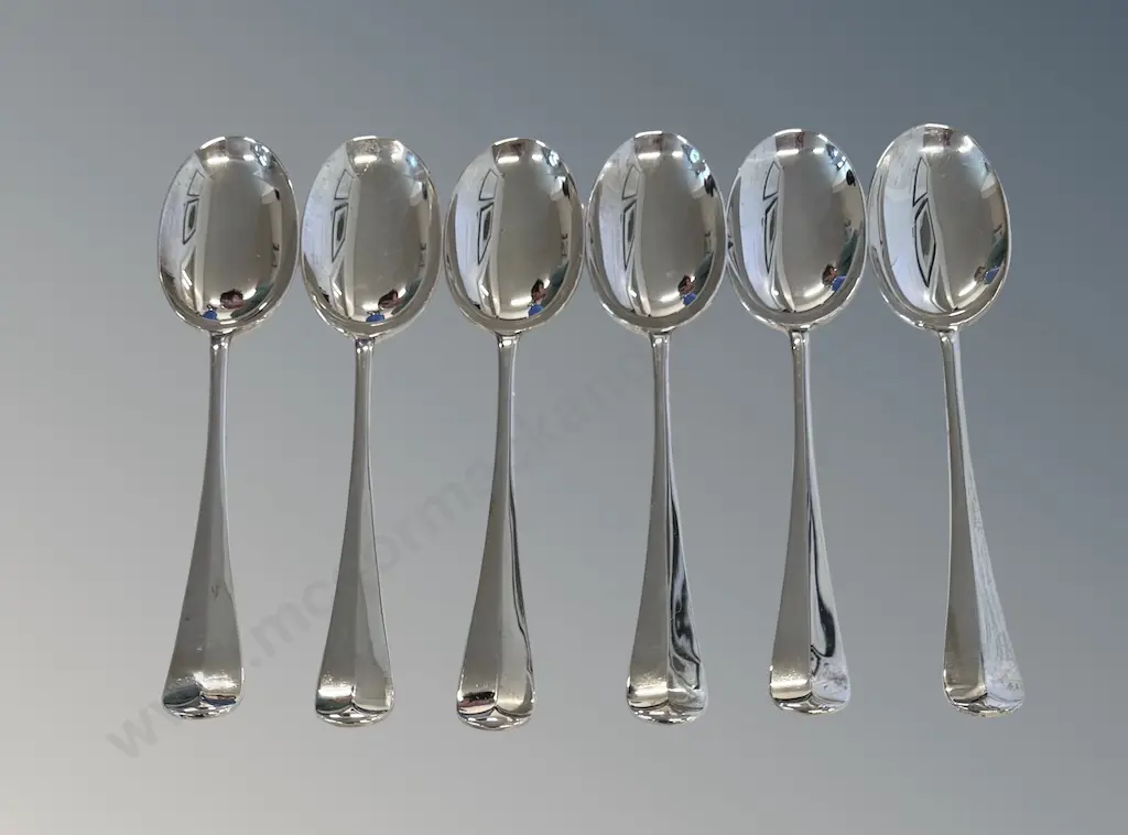 Set of 6 Sterling Silver Rat Tail Serving Spoons, TW641gms Image 1++