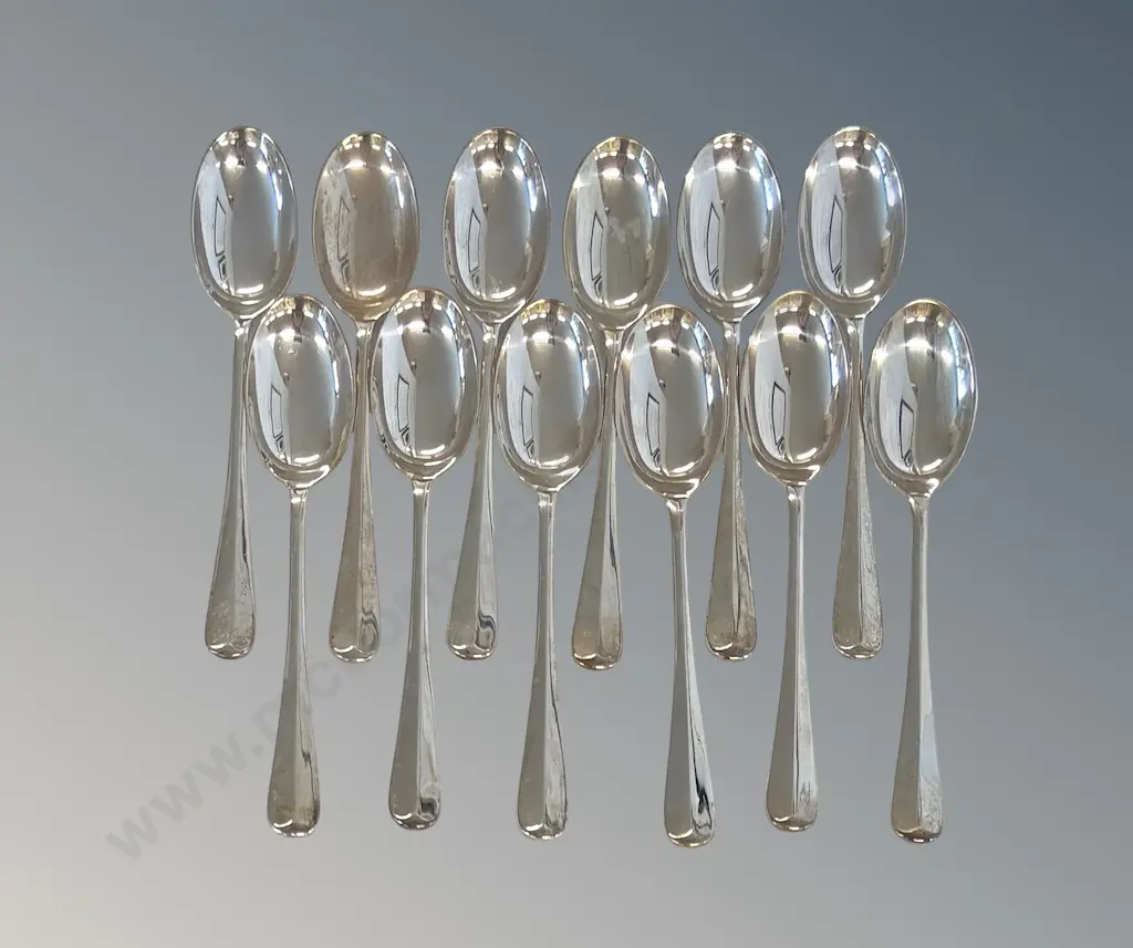 Set of 12 Sterling Silver Rat Tail Teaspoons, TW322gms Image 1++