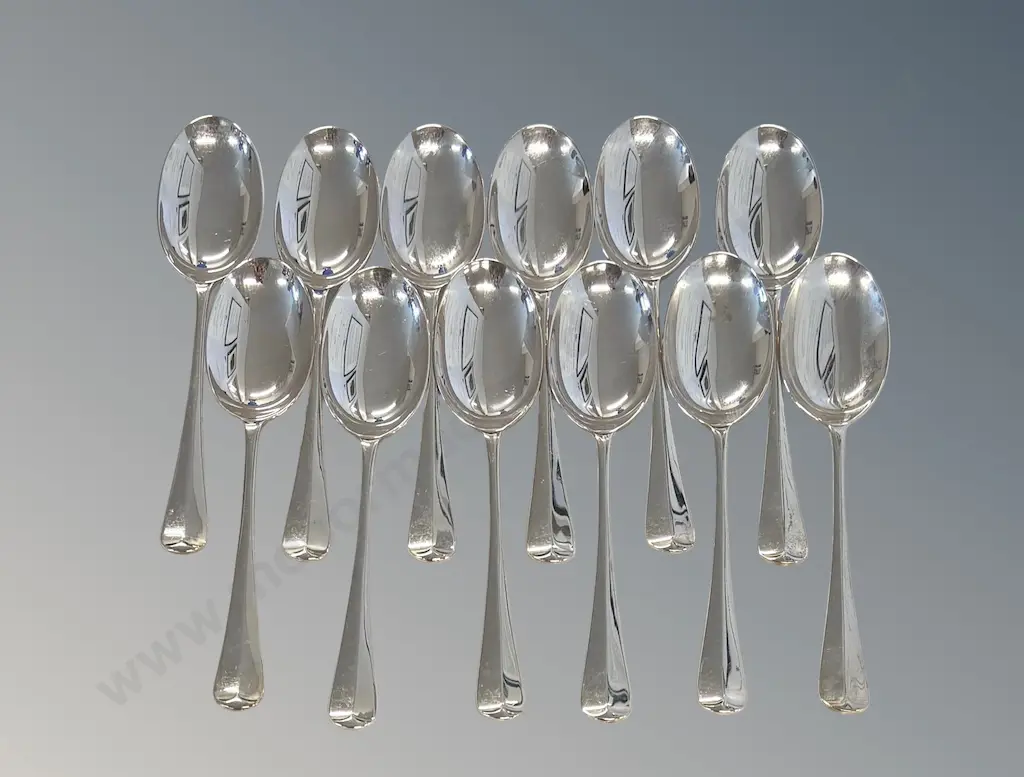 Set of 12 Sterling Silver Rat Tail Teaspoons, TW248gms Image 1++
