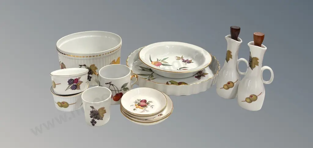 Royal Worcester Evesham Flan Dish, Bowls, Souffle Dish, Oil Bottles, Ramekins and assorted small Floral Dishes Image 1++