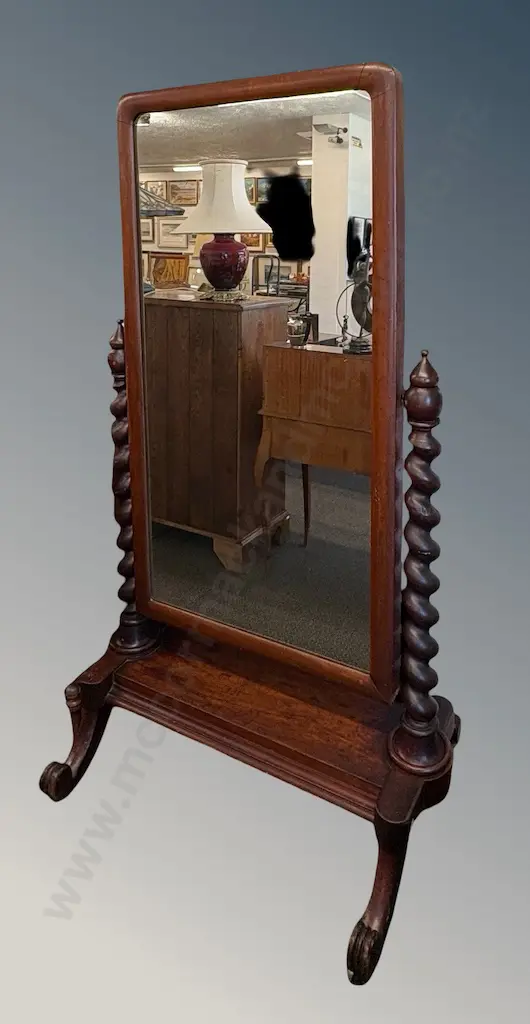 Mahogany Full Length Cheval Mirror with Barley Twist Supports, H173xW95cm Image 1++