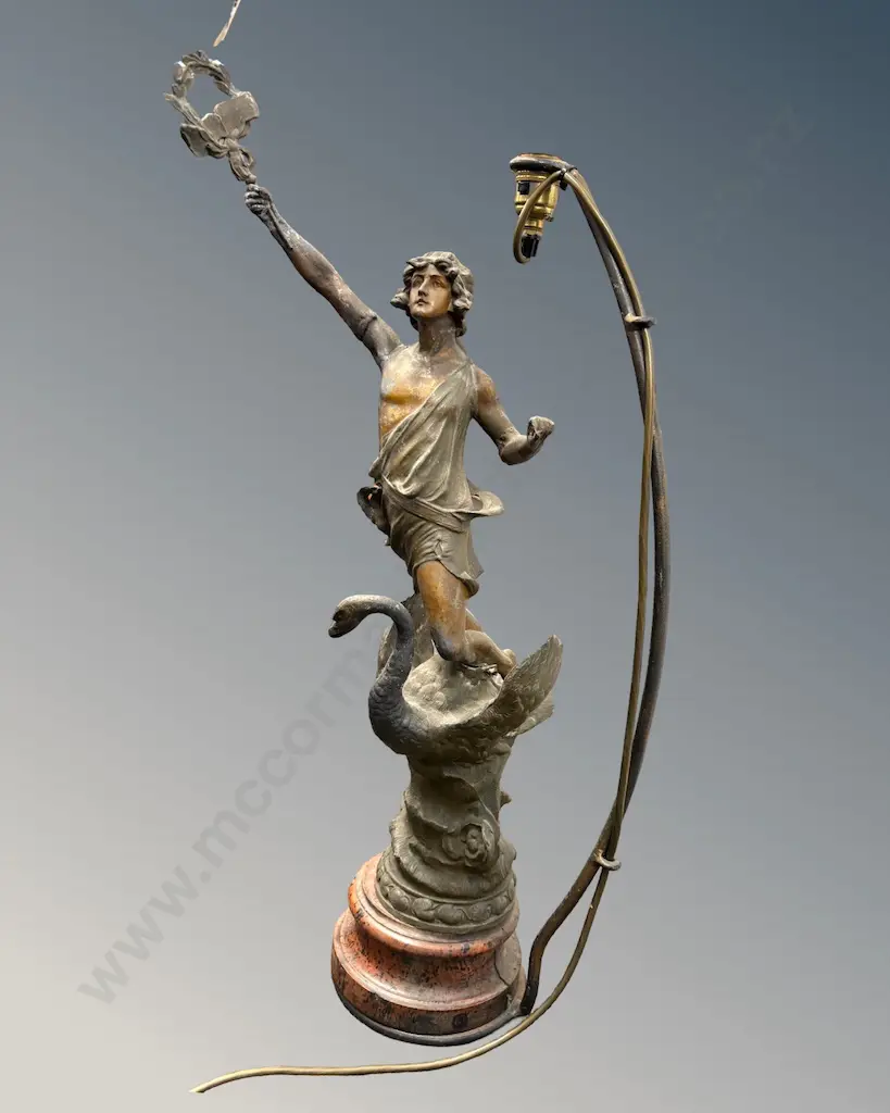 Spelter Figural Lamp with Greek God Riding Swan on Wooden Base H65cm Image 1++