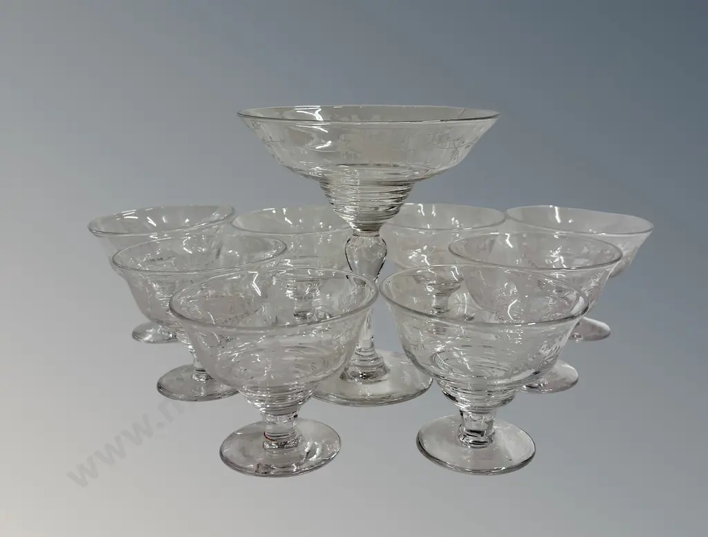 Stuart Crystal Parfait Glasses and tall Stemware Glass, birds and grape leaf patterns Image 1++
