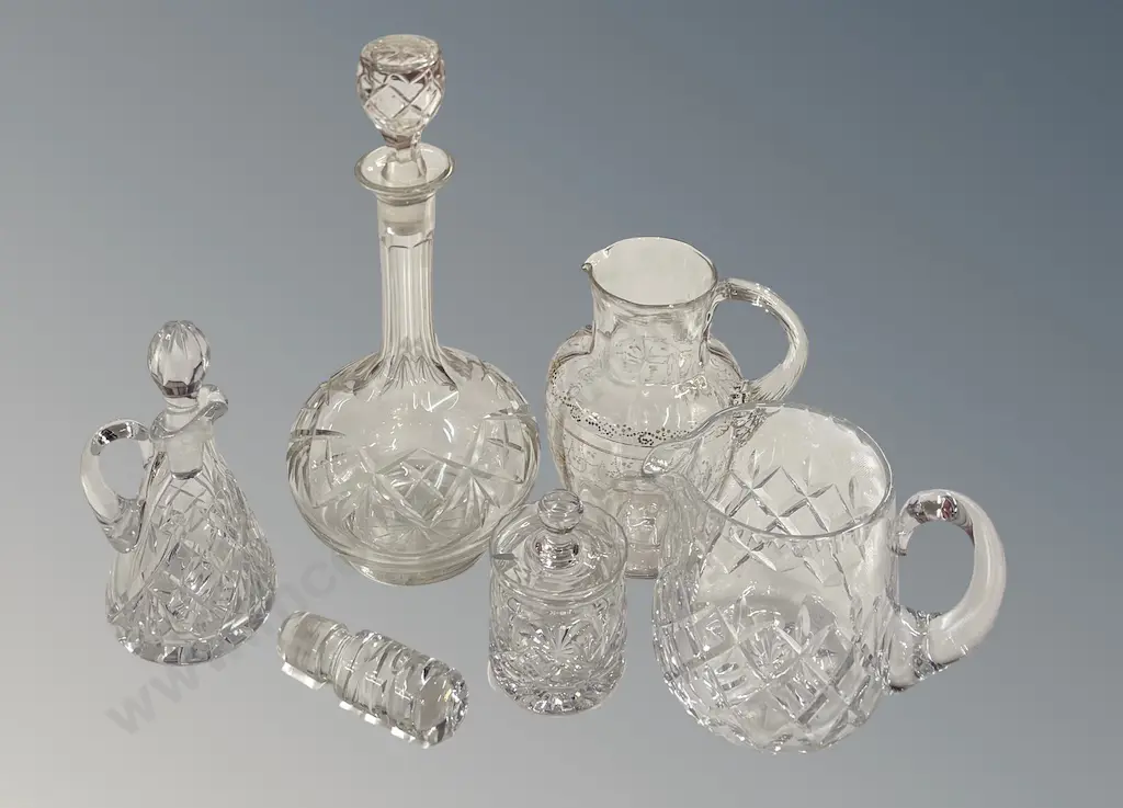 Crystal Decanter, Webb Corbett Jug, Early Water Jug, Oil Bottle, Jam Jar & Stopper Image 1++