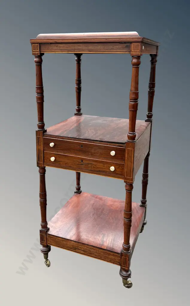 Mahogany with Fruitwood Stringing Three Tiered Two Drawer Stand with Turned Finials and Brass Castors L47.5xH113xD47.5cm Image 1++