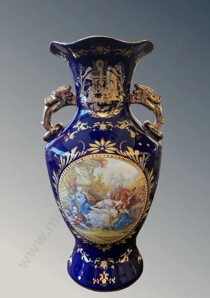 Limoges Cobalt Blue Twin Handled Vase with Musical Scene and Gilded Dragon Waterspout Style Handles H46cm Image 1++