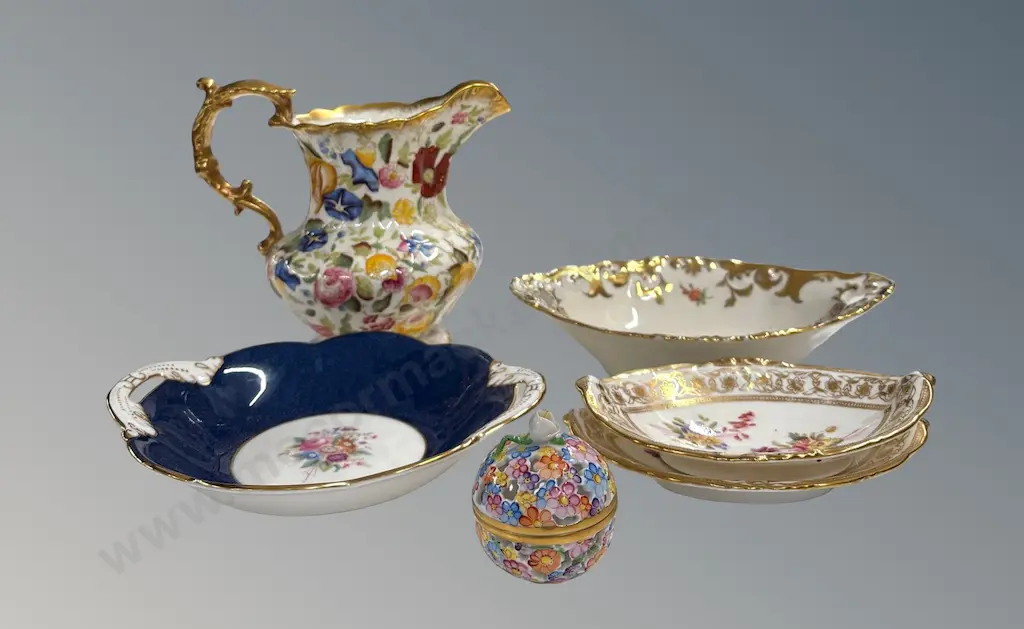 Hammersley Floral Pitcher and Dishes, Coalport & German Twin Handled Bowls, Herend Reticulated Floral Trinket Box Image 1++